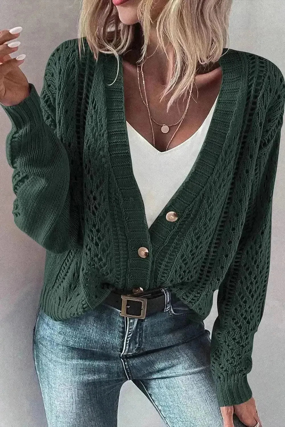 Openwork Button Up Long Sleeve Cardigan - Bad Moms Club