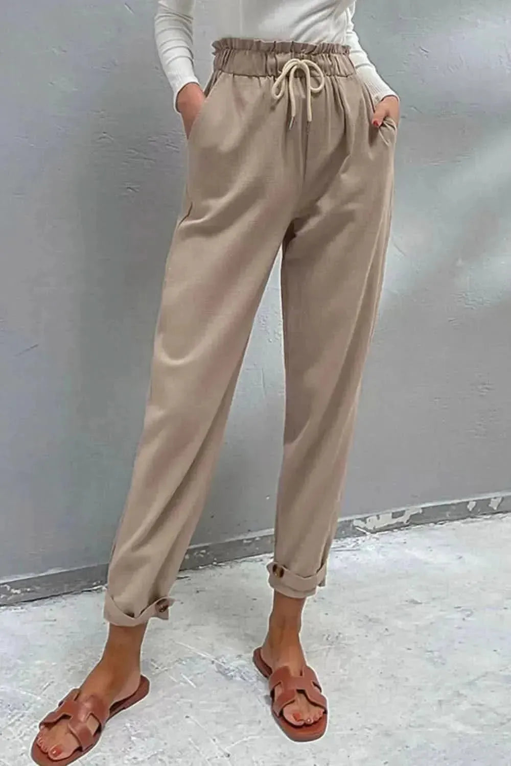 Perfee Drawstring Paperbag Waist Button Detail Pants - Bad Moms Club