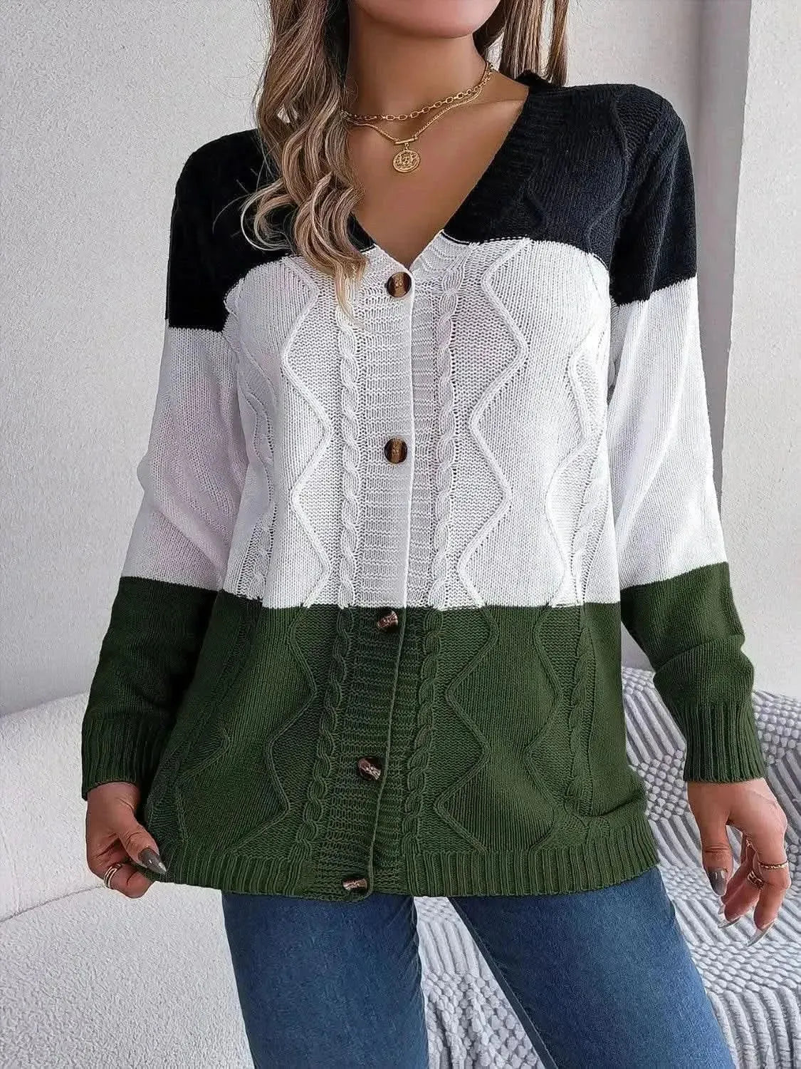 Cable-Knit Striped Button Up Cardigan - Bad Moms Club