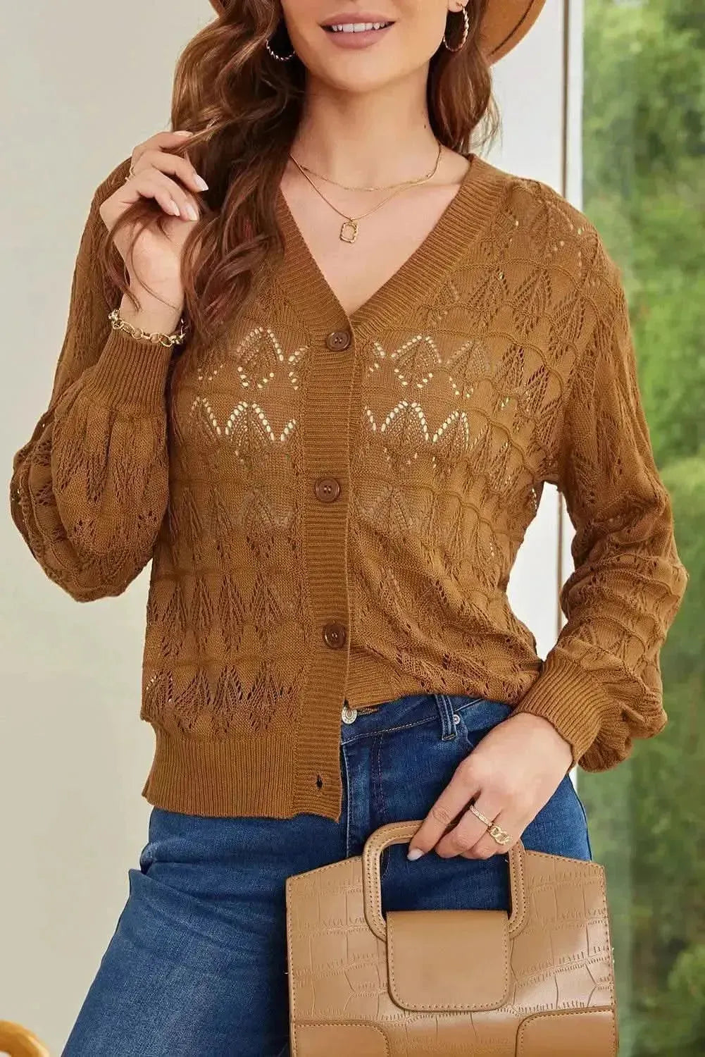 Openwork V-Neck Cardigan - Bad Moms Club