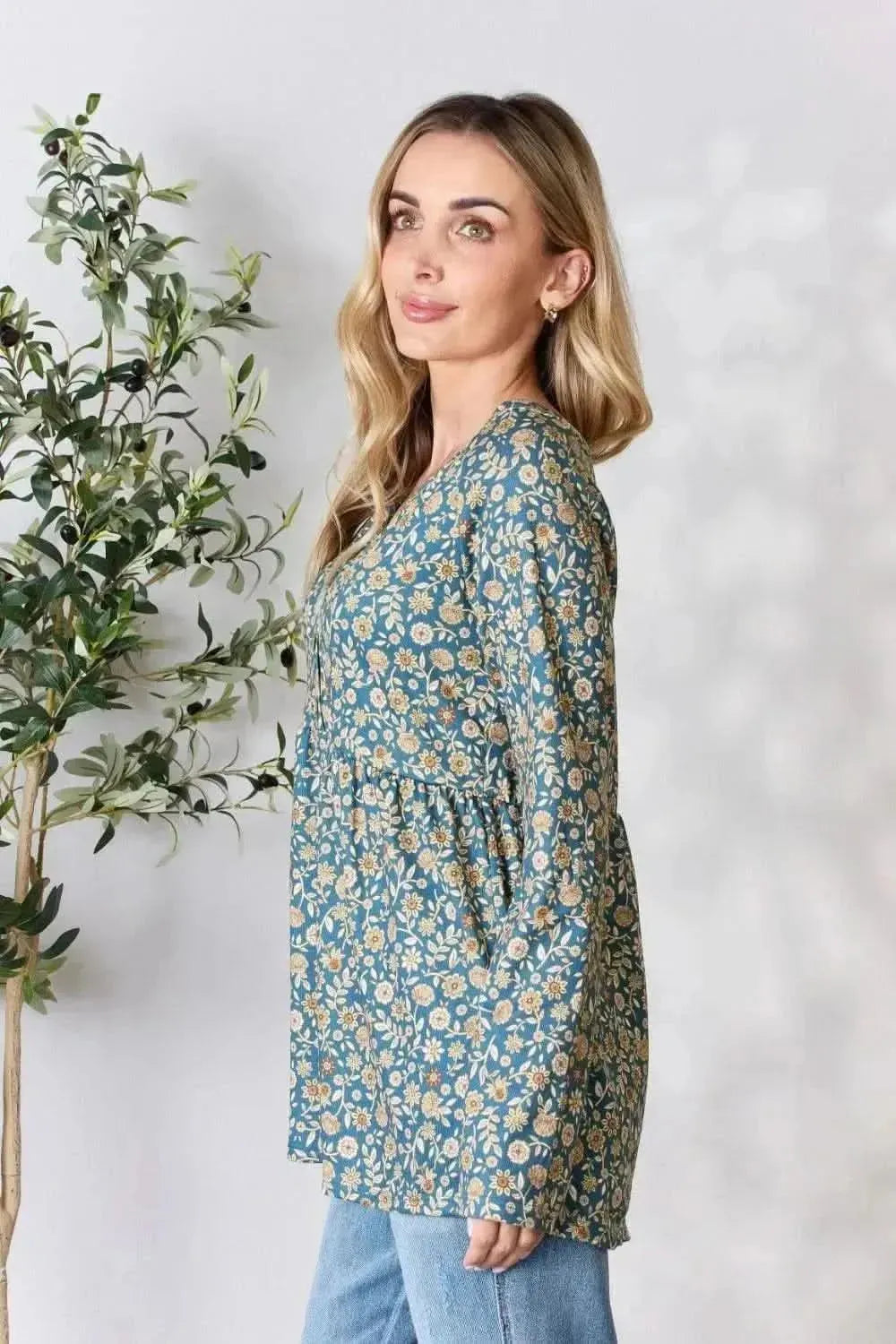 Heimish Full Size Floral Half Button Long Sleeve Blouse - Bad Moms Club