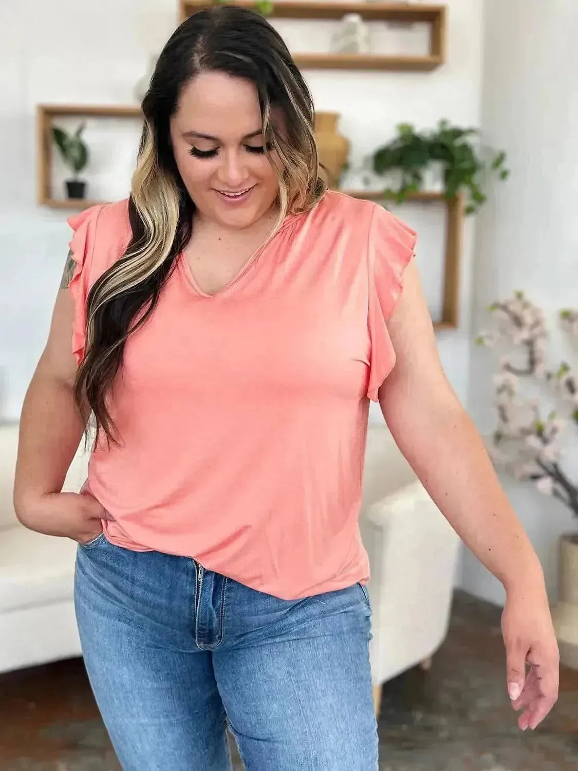 Basic Bae Full Size Bamboo Notched Ruffled Short Sleeve T-Shirt - Bad Moms Club