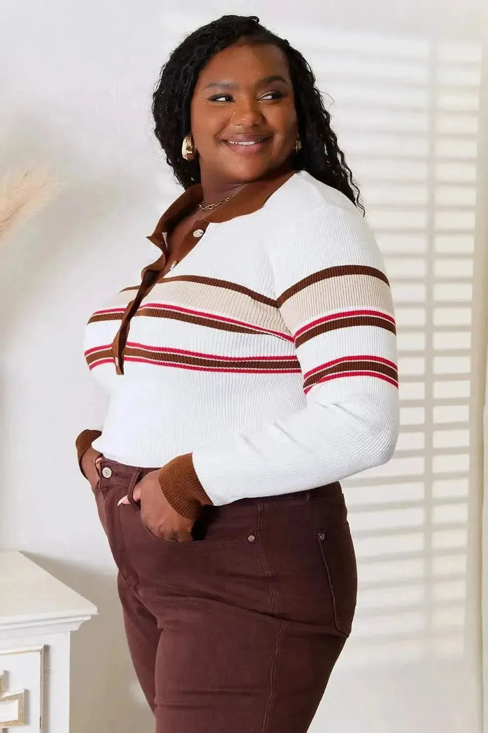 Basic Bae Striped Collared Neck Rib-Knit Top - Bad Moms Club