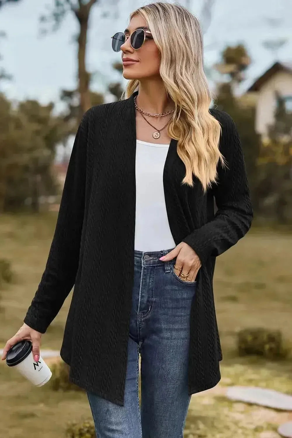 Textured Open Front Long Sleeve Cardigan - Bad Moms Club