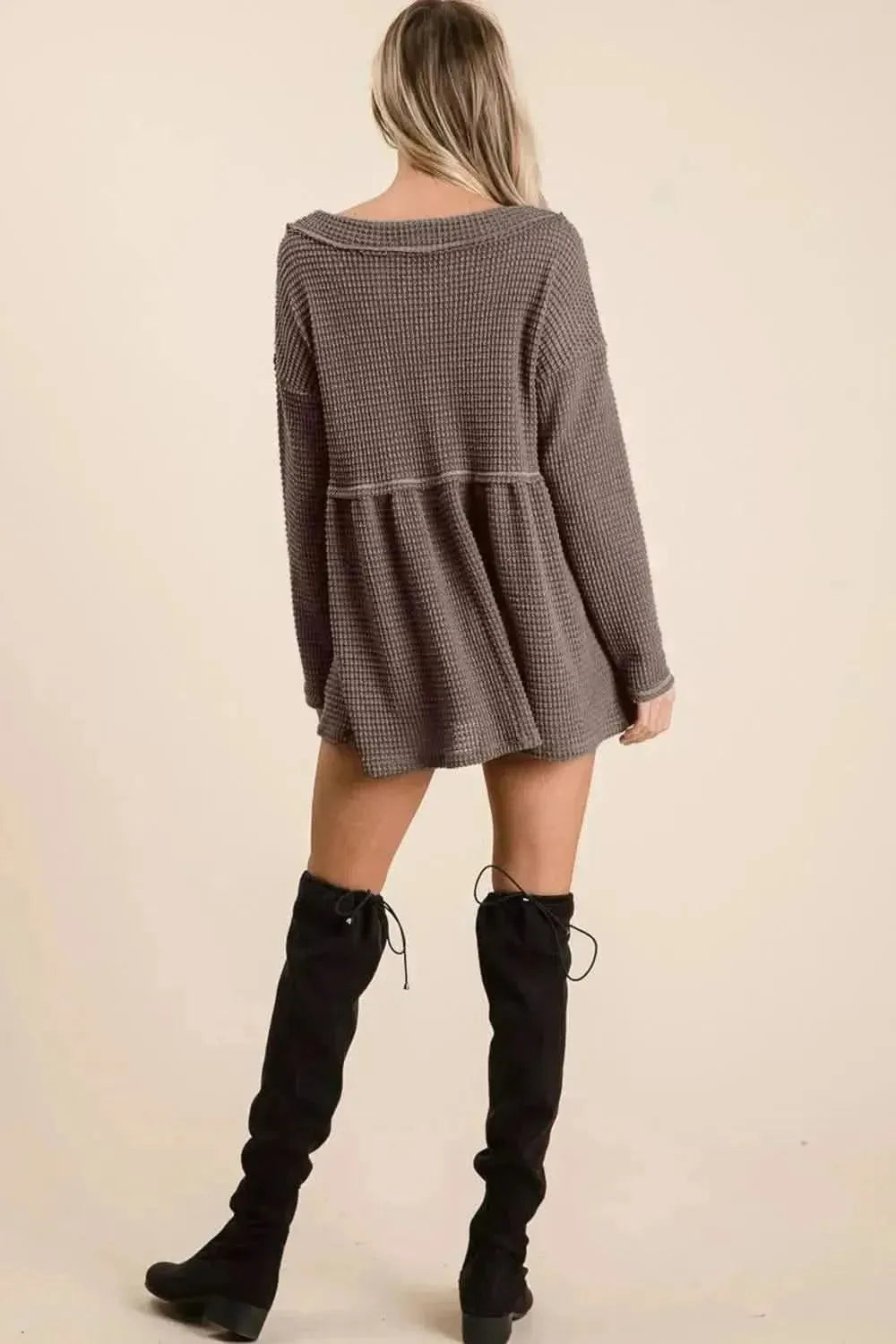 BiBi Waffle Knit V-Neck Babydoll Blouse - Bad Moms Club