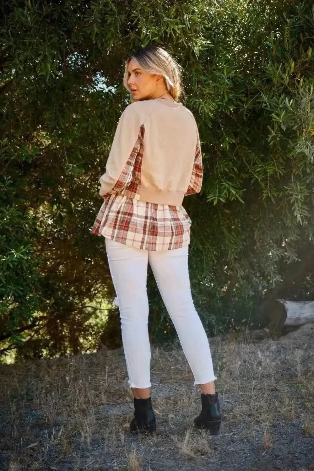 And The Why Full Size Double Layered Plaid Contrast Sweatshirt - Bad Moms Club