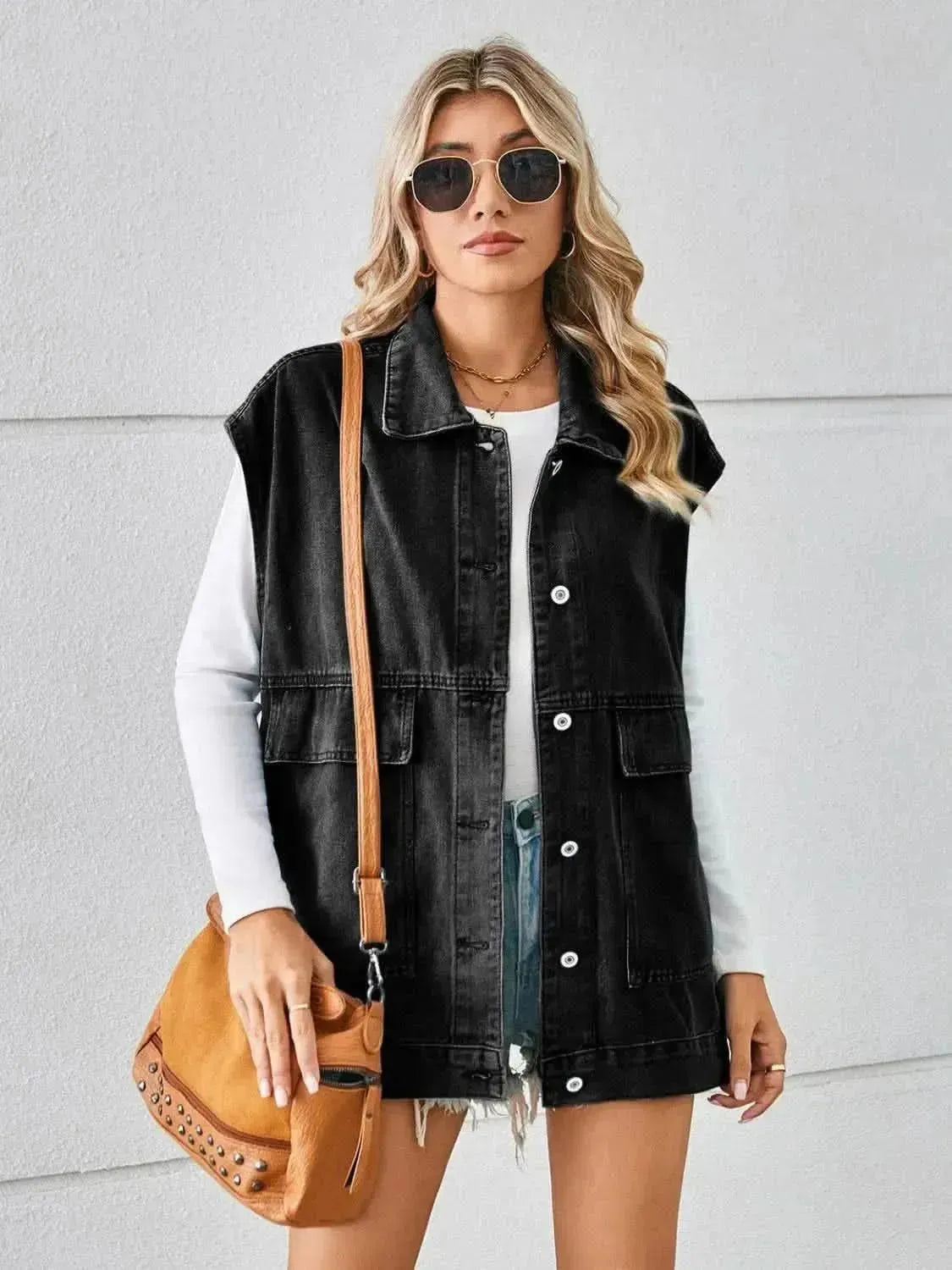 Pocketed Button Up Sleeveless Denim Jacket - Bad Moms Club
