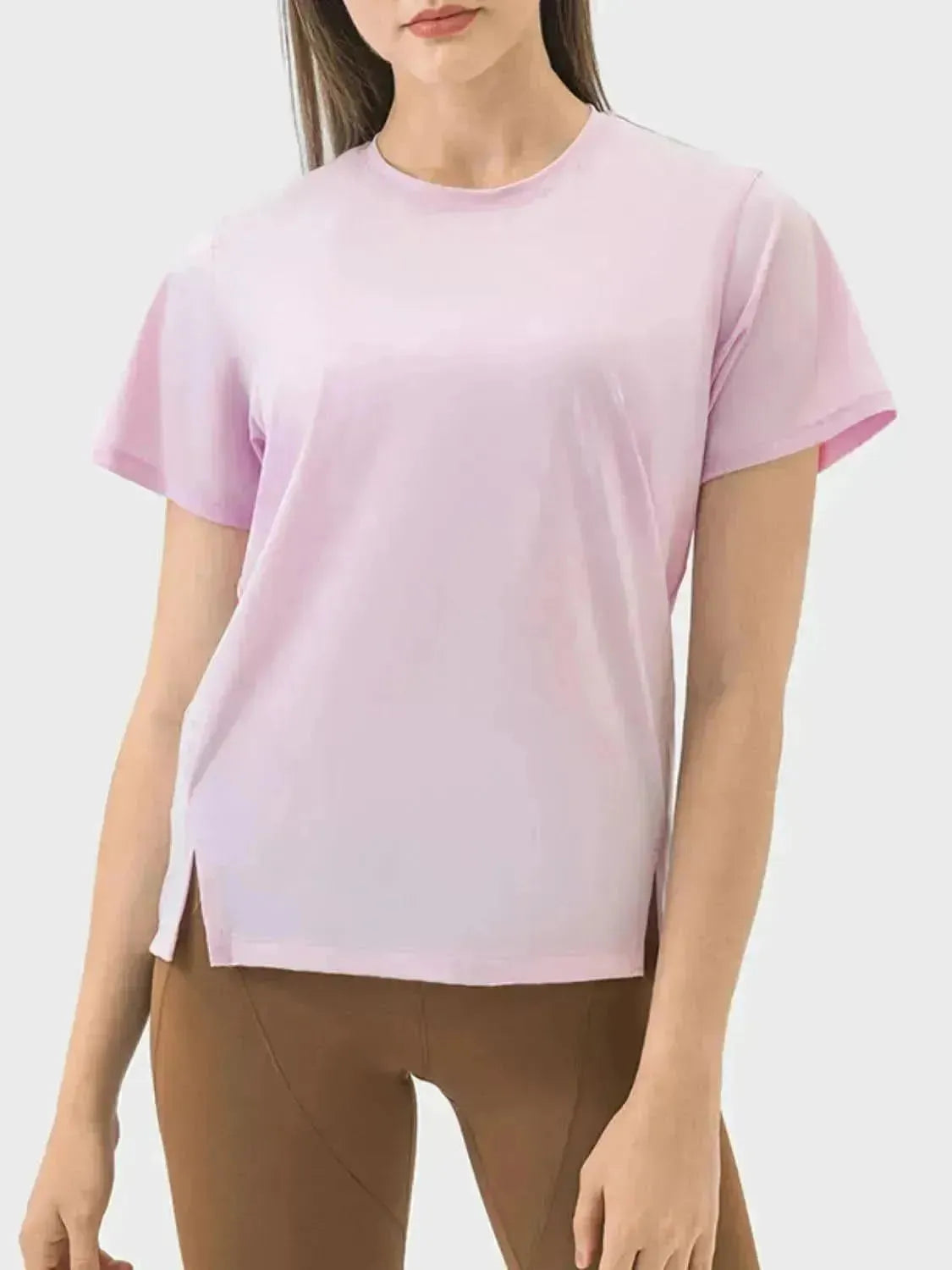 Slit Round Neck Short Sleeve Active T-Shirt - Bad Moms Club