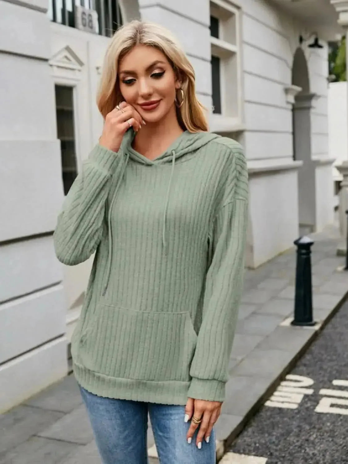Ribbed Drawstring Long Sleeve Hoodie - Bad Moms Club