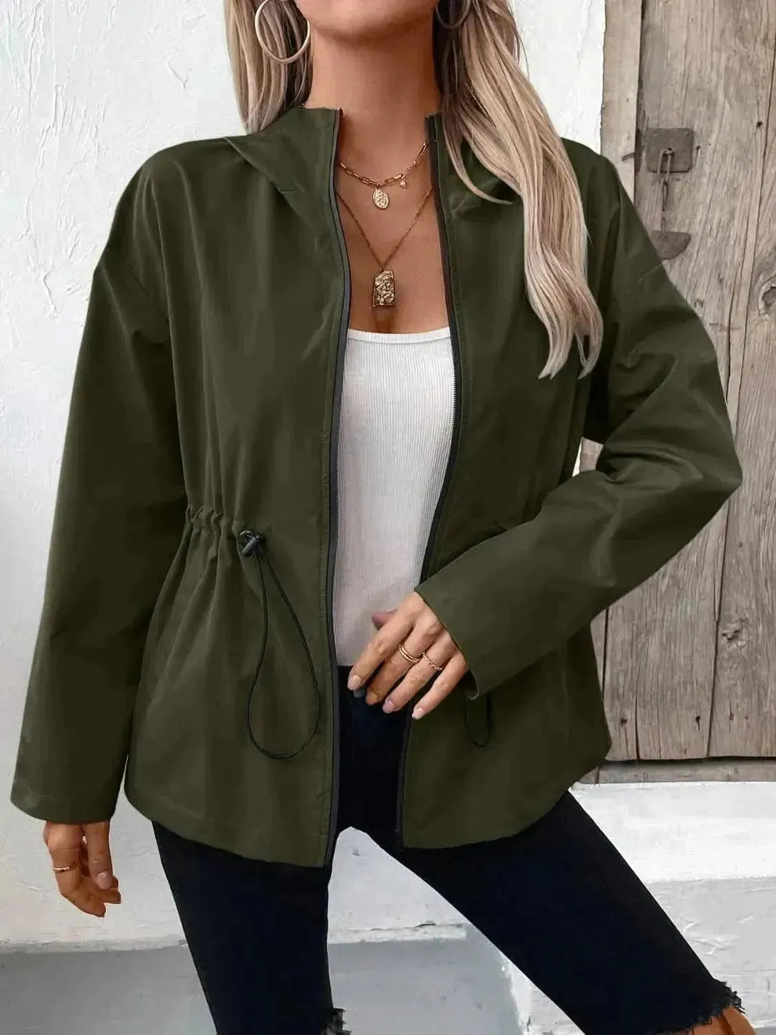 Drawstring Zip Up Hooded Jacket - Bad Moms Club