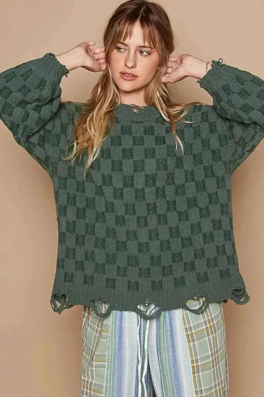 POL Checkered Distressed Edge Sweater - Bad Moms Club