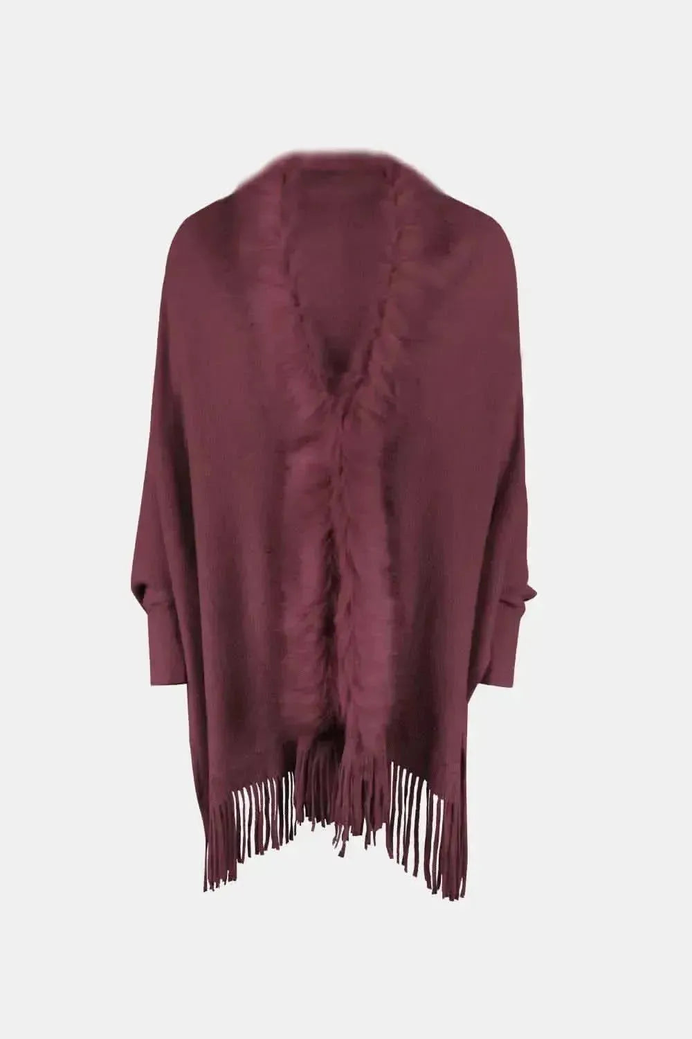 Fringe Open Front Long Sleeve Poncho - Bad Moms Club