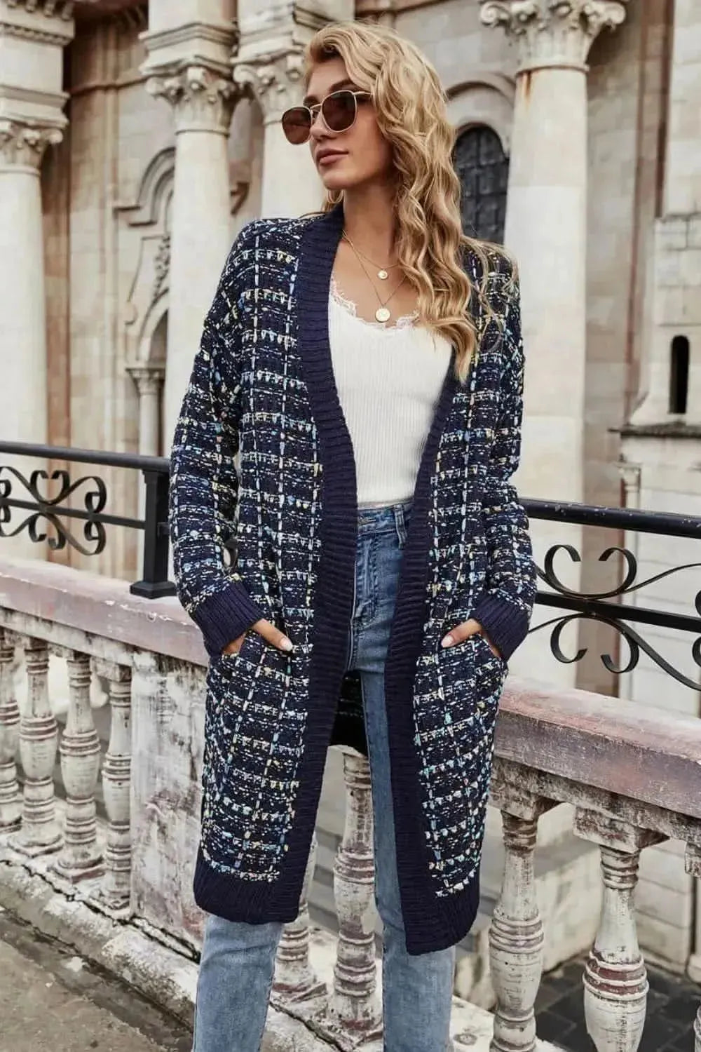 Multicolored Ribbed Trim Open Front Cardigan with Pockets - Bad Moms Club