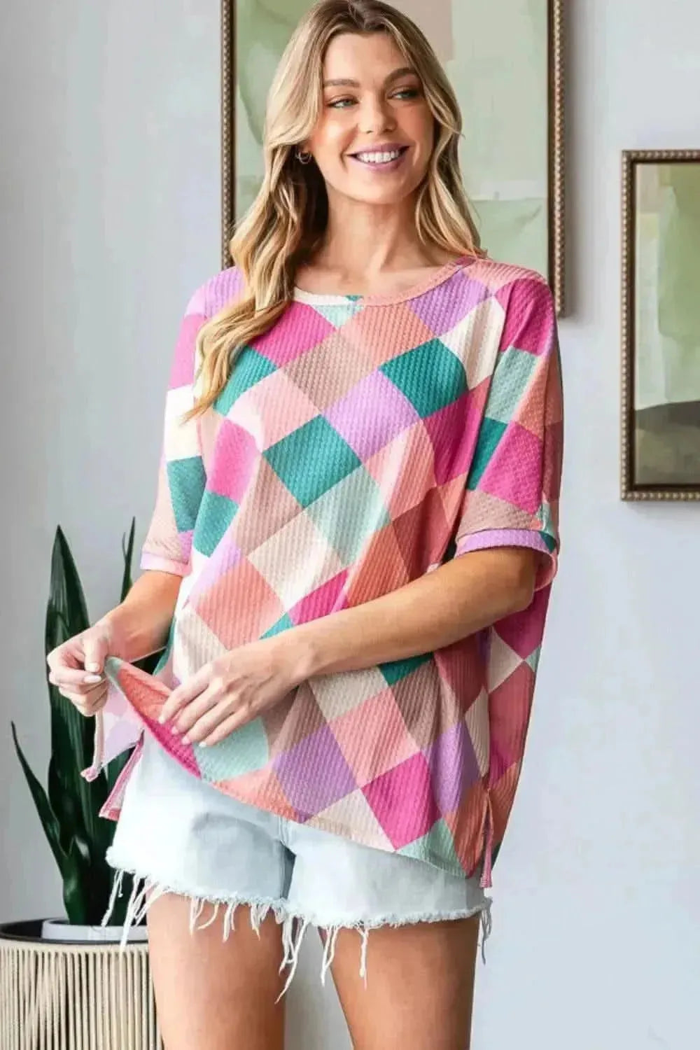 HOPELY Full Size Multi Colored Argyle Side Slit T-Shirt - Bad Moms Club