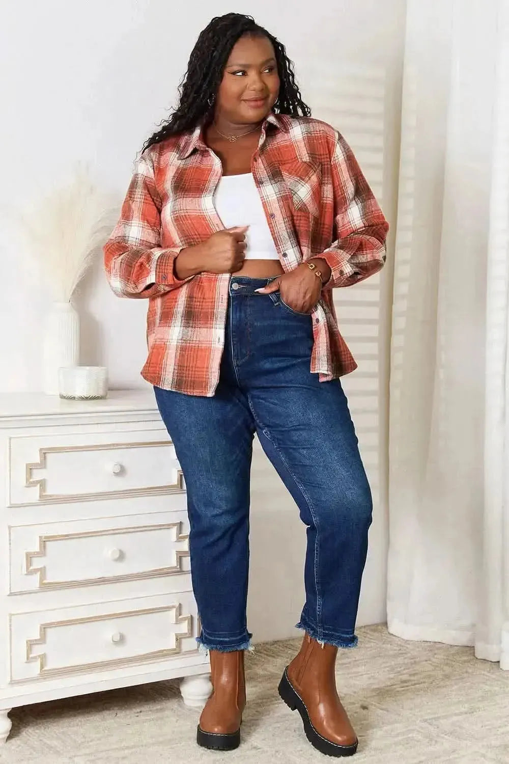 Plaid Collared Neck Long Sleeve Shirt - Bad Moms Club