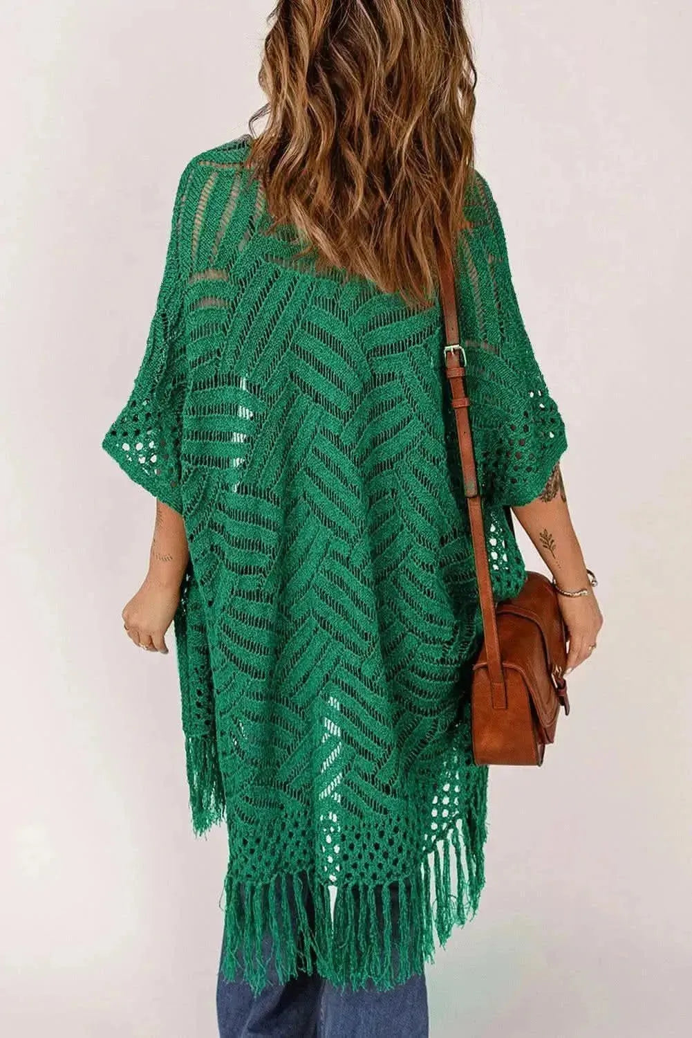 Openwork Open Front Cardigan with Fringes - Bad Moms Club