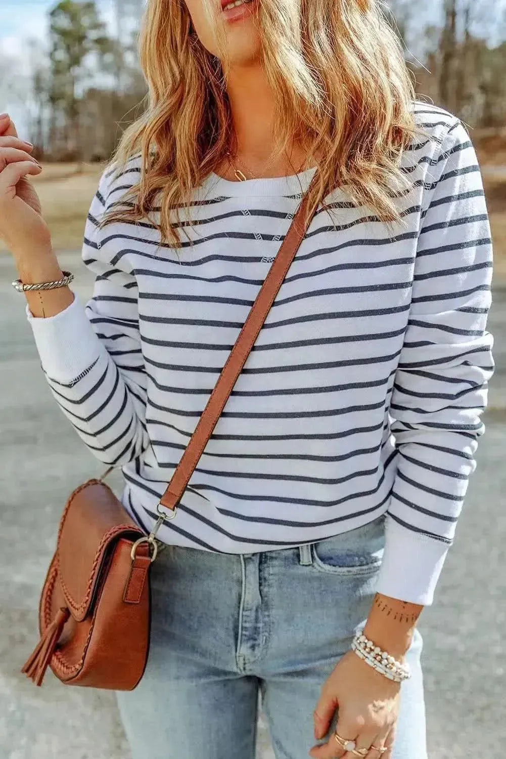 Striped Long Sleeve Round Neck Top - Bad Moms Club