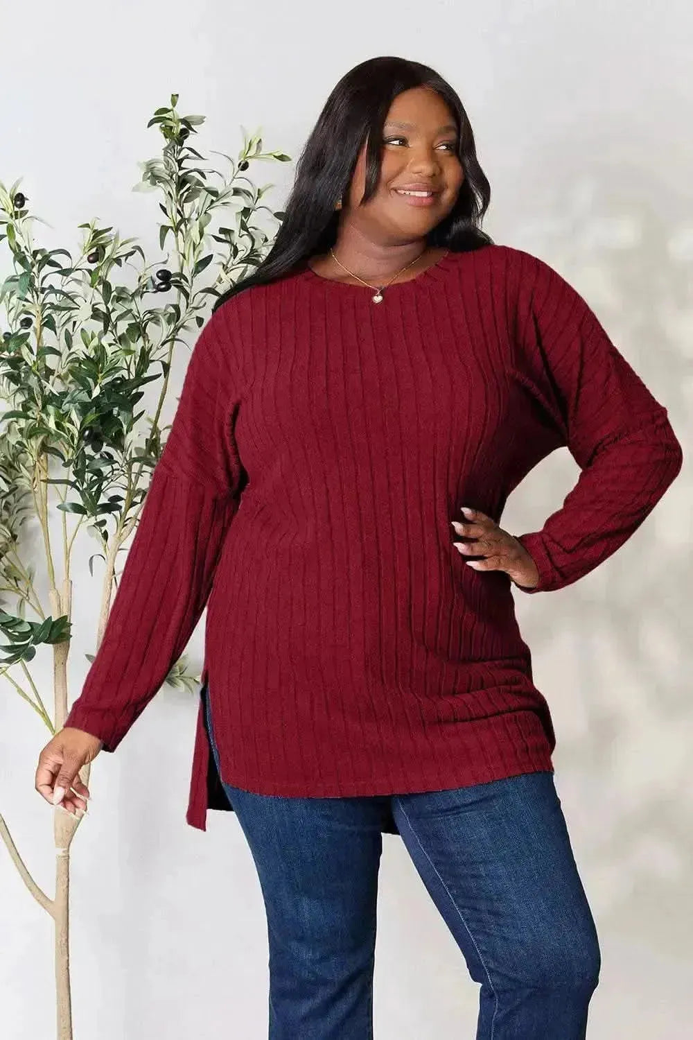 Basic Bae Full Size Ribbed Round Neck Long Sleeve Slit Top - Bad Moms Club