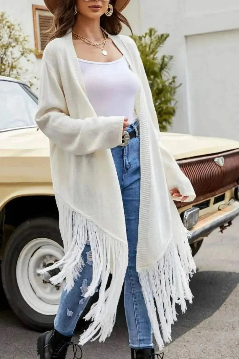 Fringe Hem Open Front Ribbed Trim Cardigan - Bad Moms Club