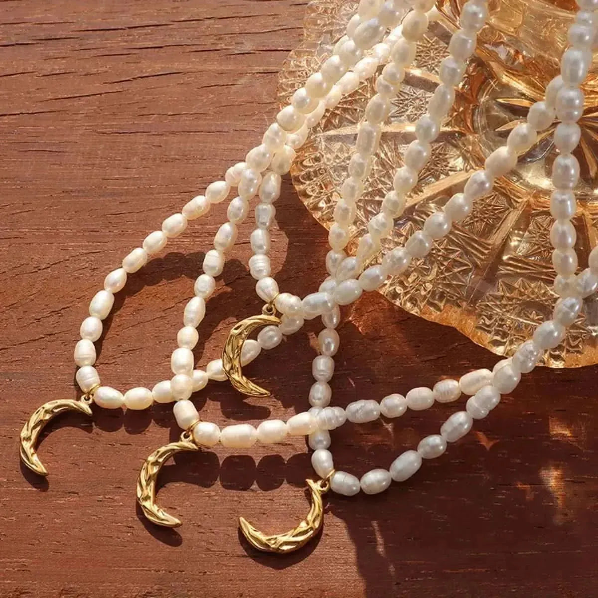 Pearl Titanium Steel Moon Shape Pendant Necklace - Bad Moms Club