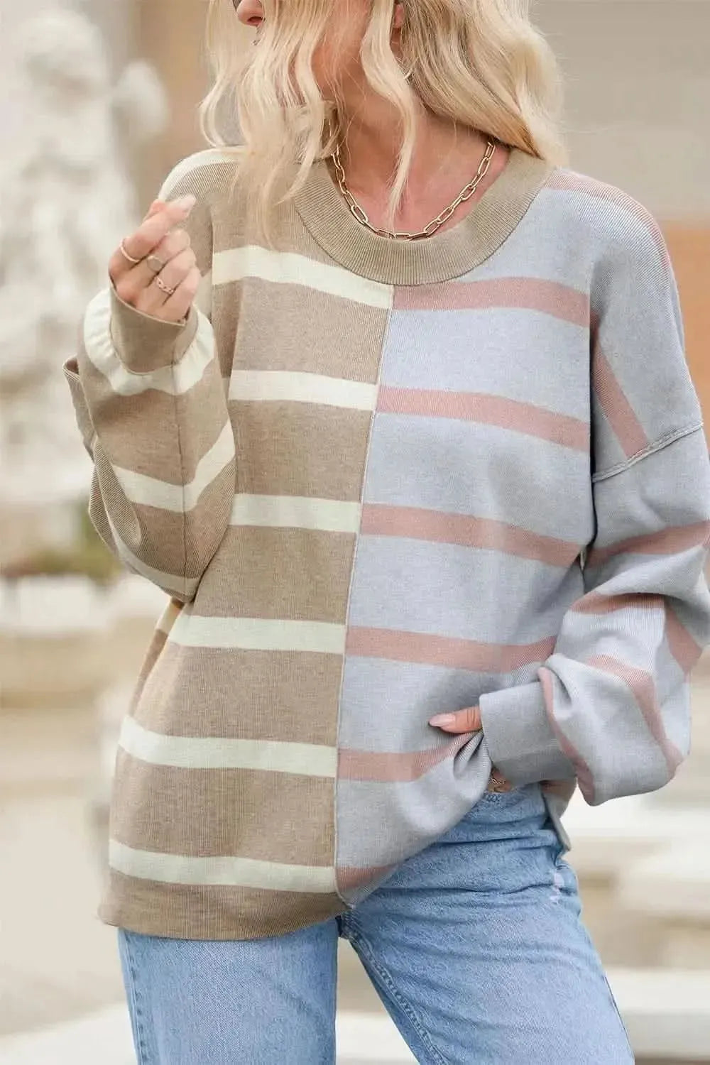 Striped Round Neck Long Sleeve Knit Top - Bad Moms Club