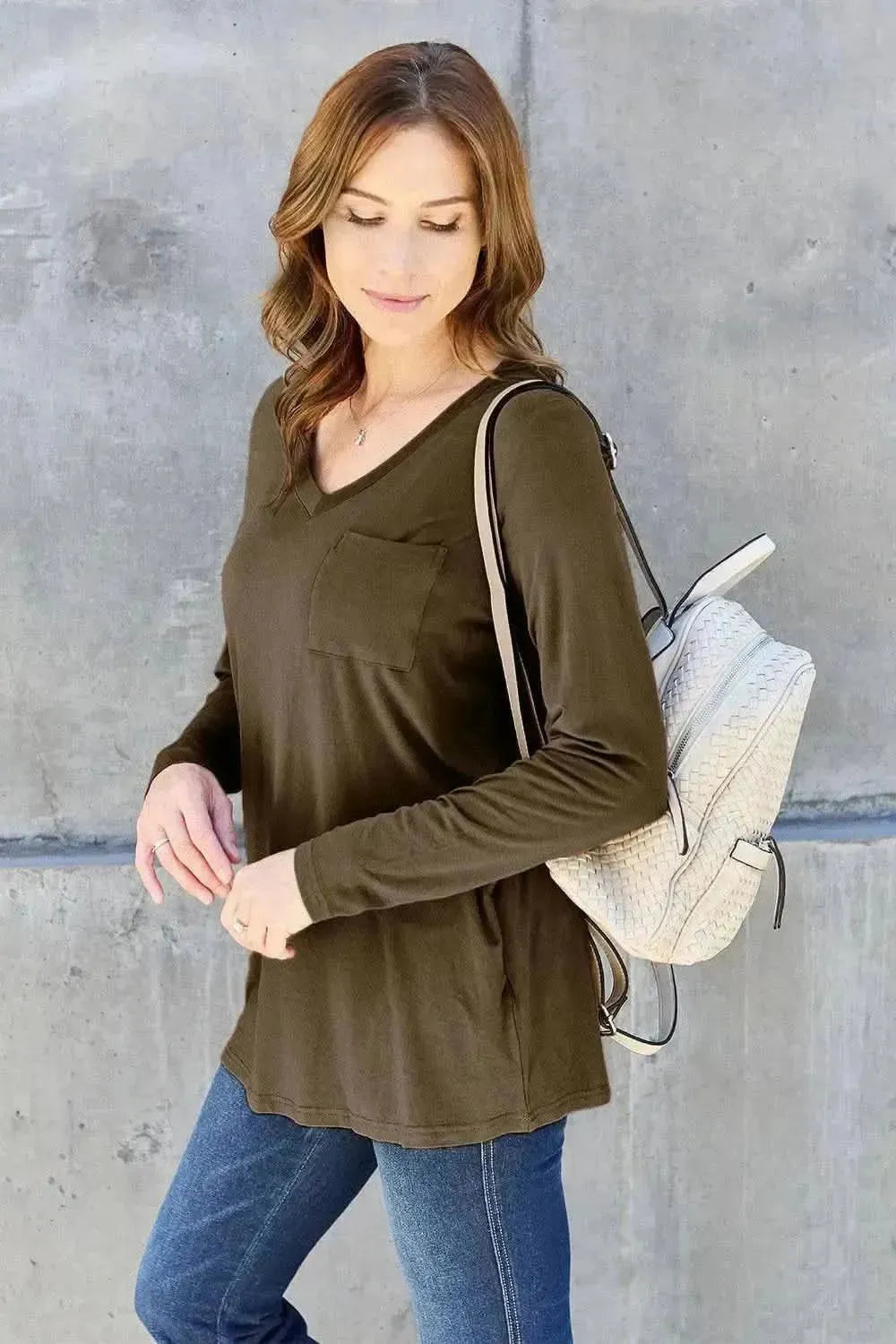Basic Bae Full Size V-Neck Long Sleeve Top - Bad Moms Club