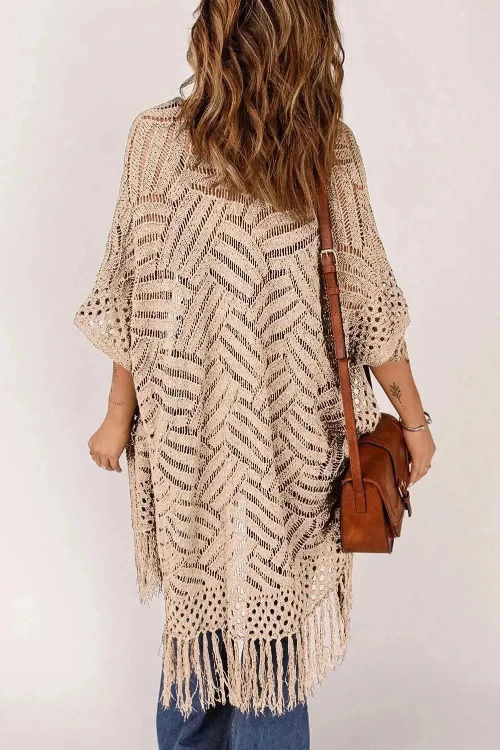 Openwork Open Front Cardigan with Fringes - Bad Moms Club