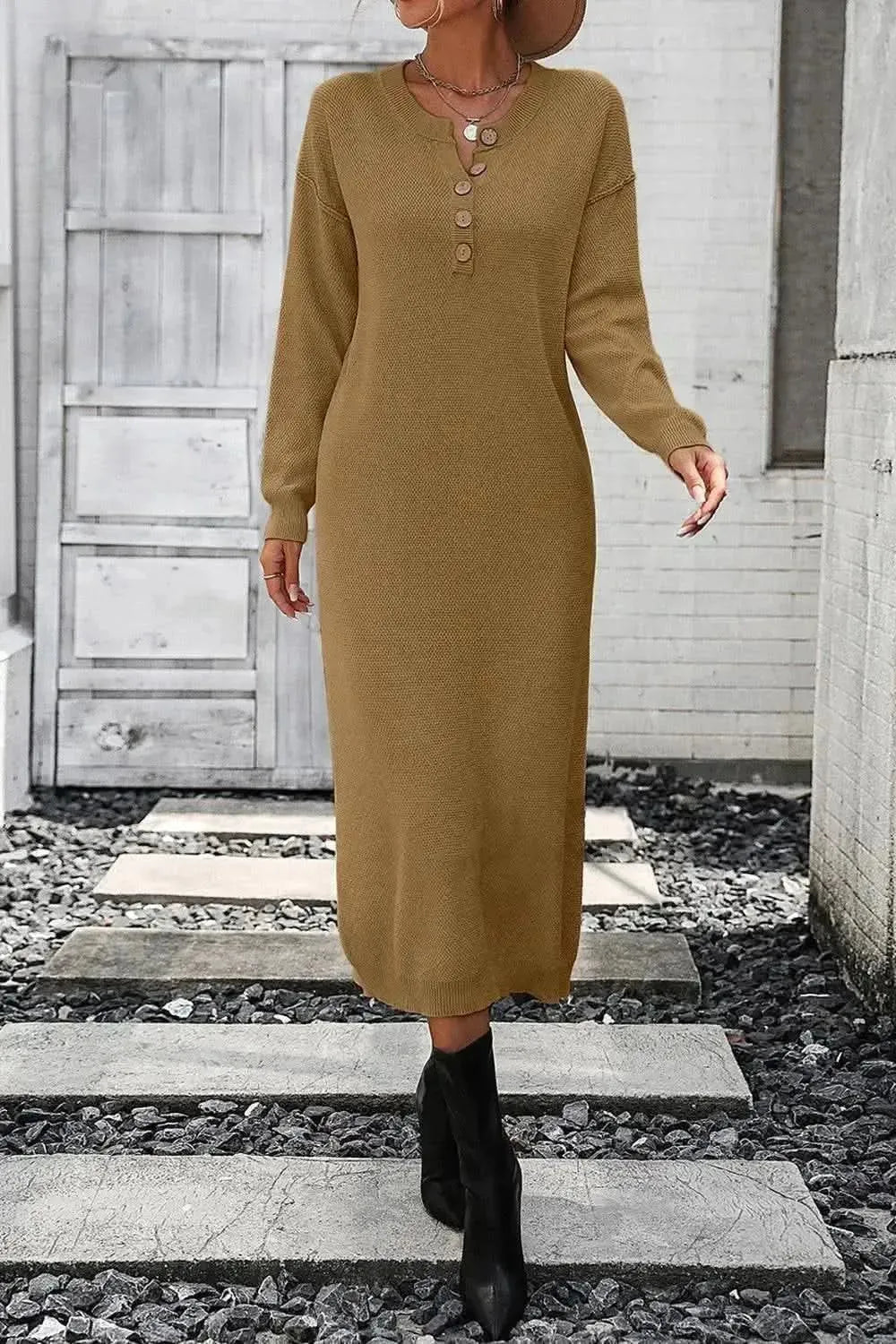 Decorative Button Notched Dropped Shoulder Sweater Dress - Bad Moms Club