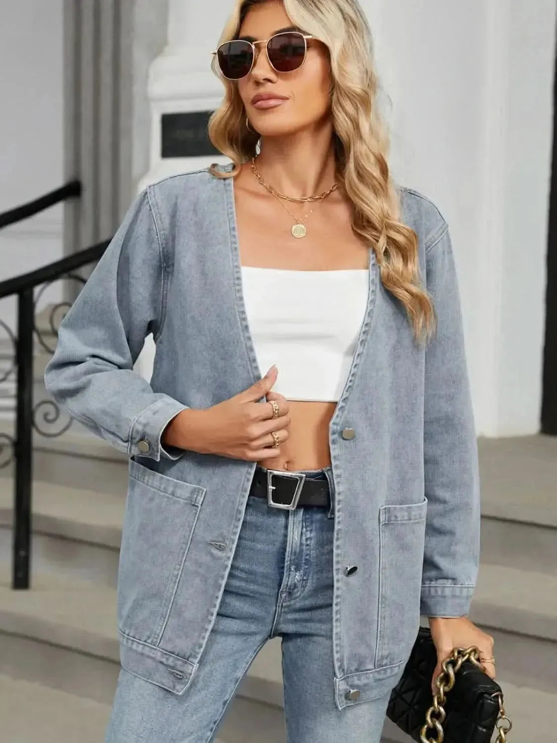 Pocketed V-Neck Button Up Denim Jacket - Bad Moms Club