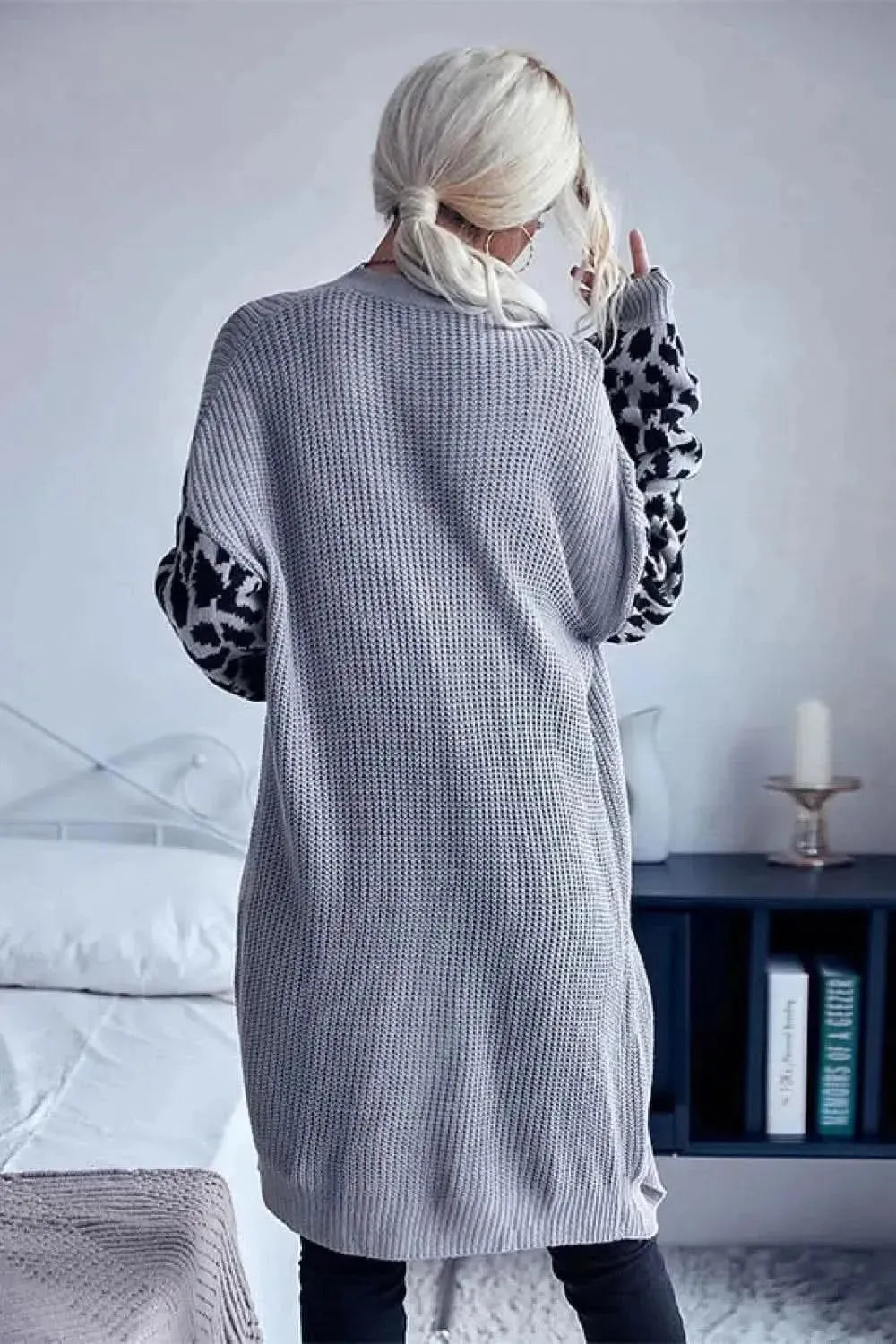 Leopard Sleeves Waffle Knit Open Front Cardigan - Bad Moms Club