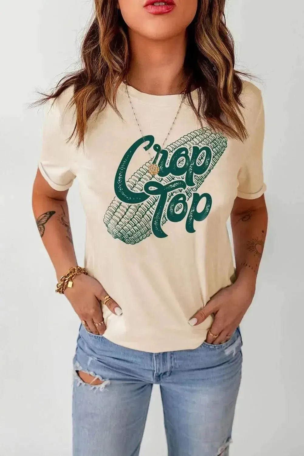 Corn Letter Graphic Cuffed Tee - Bad Moms Club