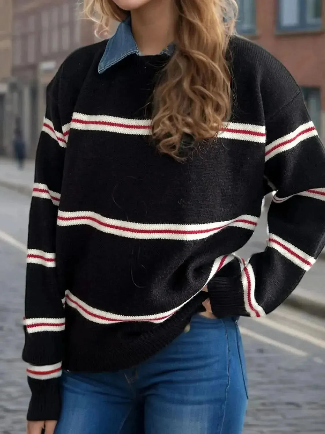 Contrast Stripes Round Neck Long Sleeve Sweater - Bad Moms Club