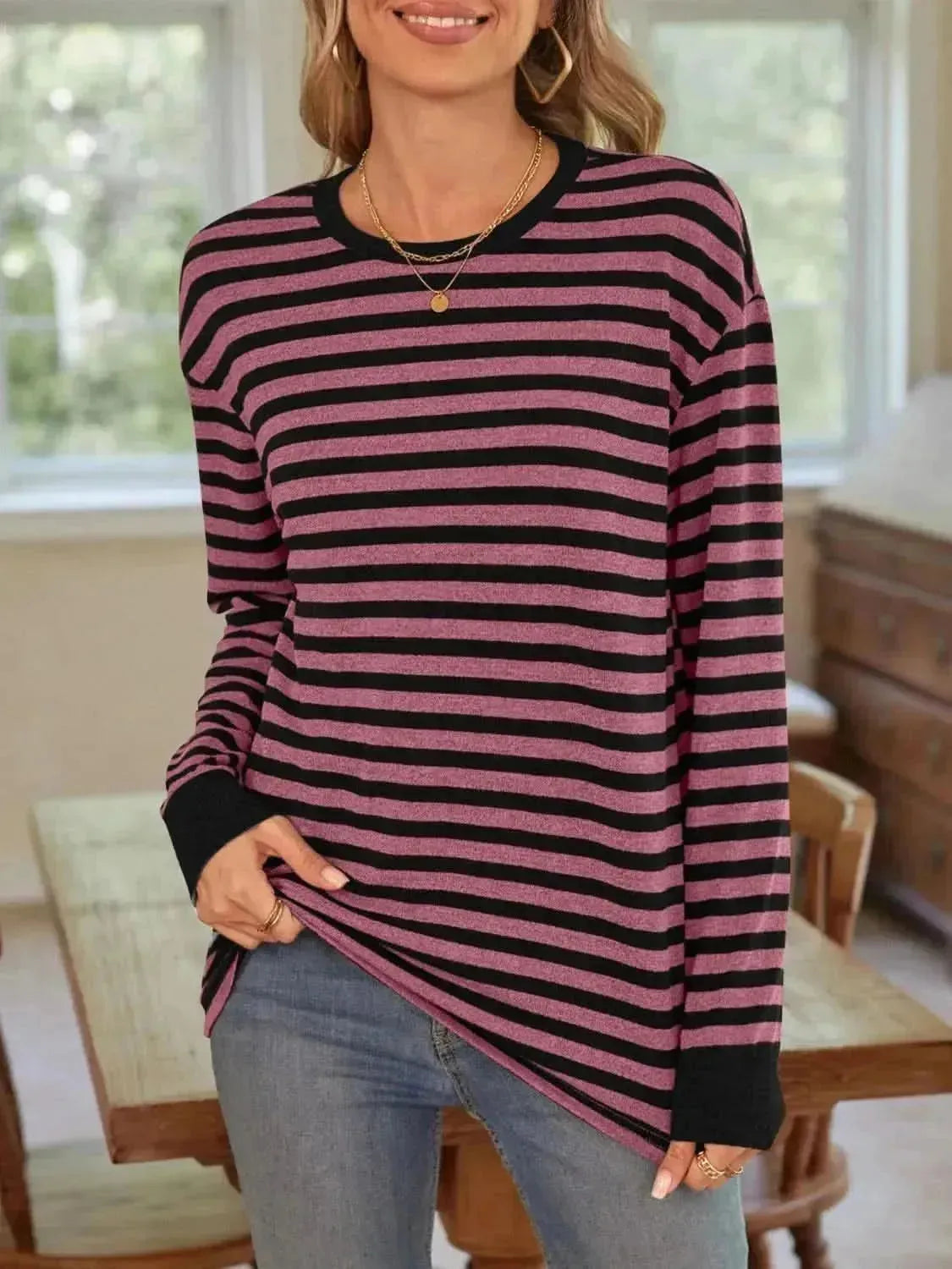 Striped Round Neck Long Sleeve T-Shirt - Bad Moms Club