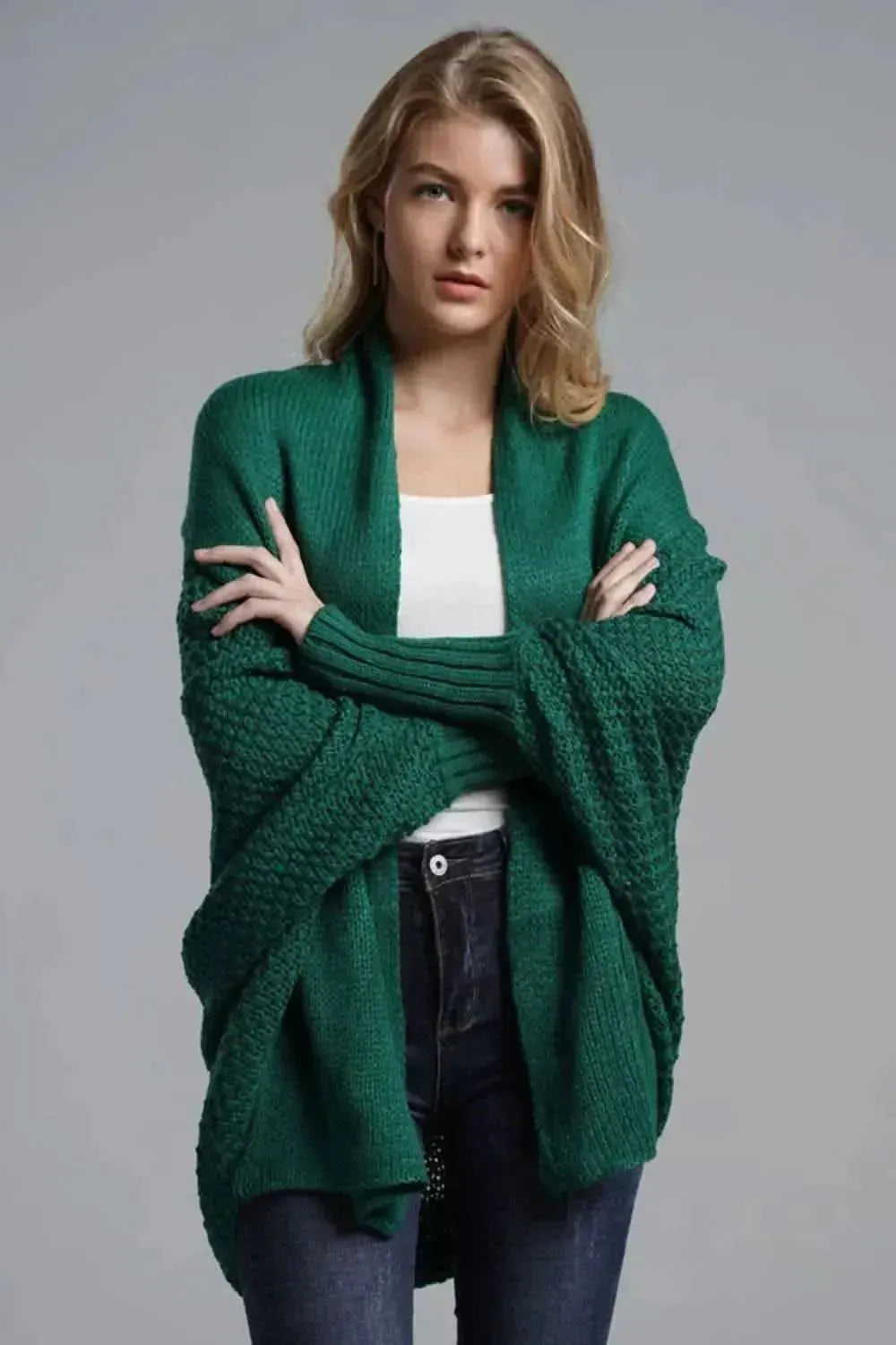 Dolman Sleeve Open Front Ribbed Trim Longline Cardigan - Bad Moms Club