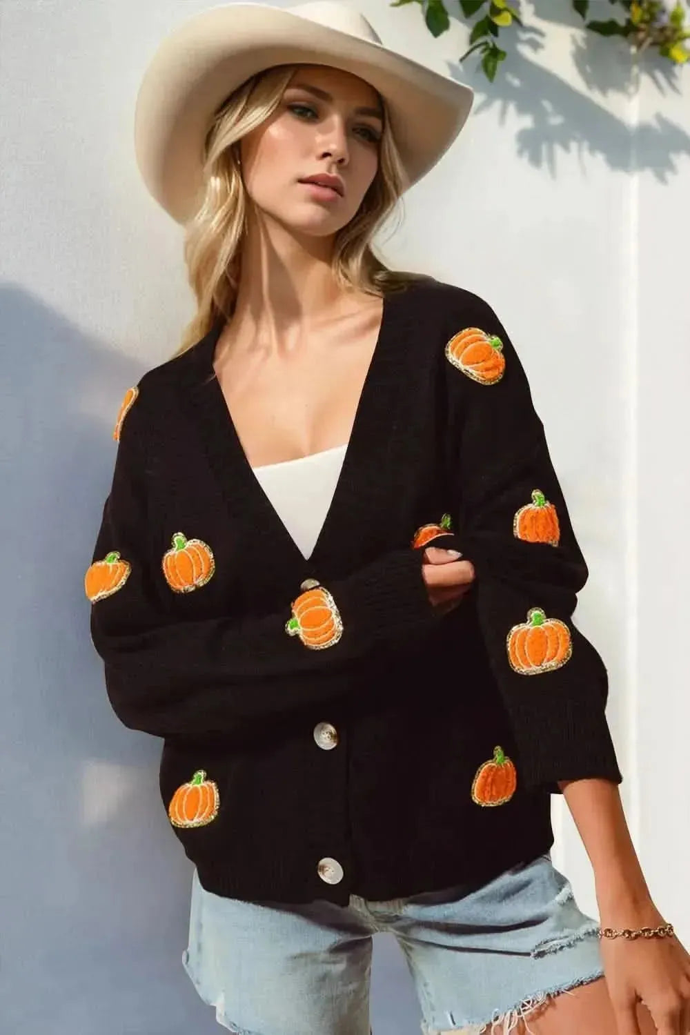 Double Take Full Size Pumpkin Button Up Long Sleeve Cardigan - Bad Moms Club