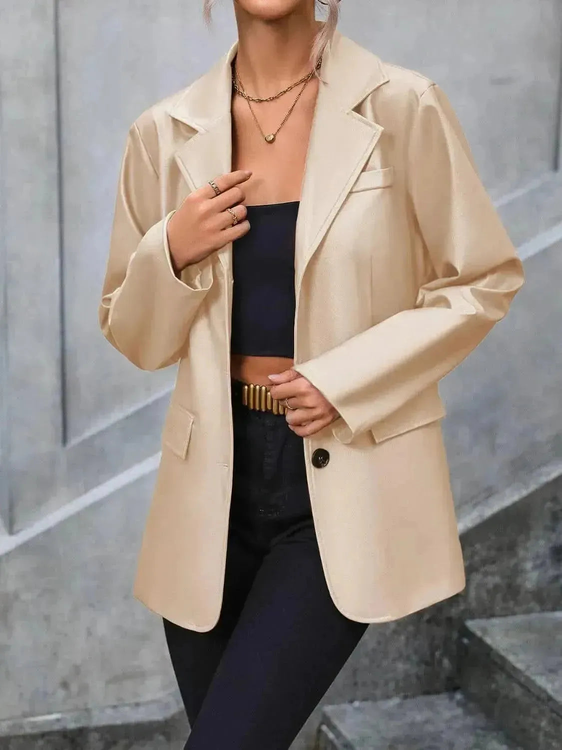 Pocketed Button Up Collared Neck Blazer - Bad Moms Club