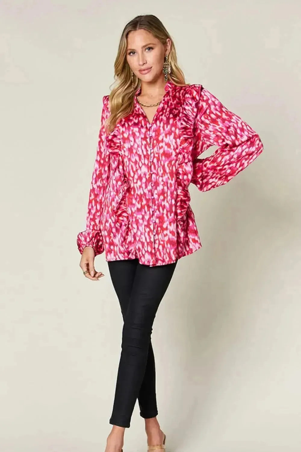 Double Take Full Size Printed Ruffle Trim Balloon Sleeve Shirt - Bad Moms Club