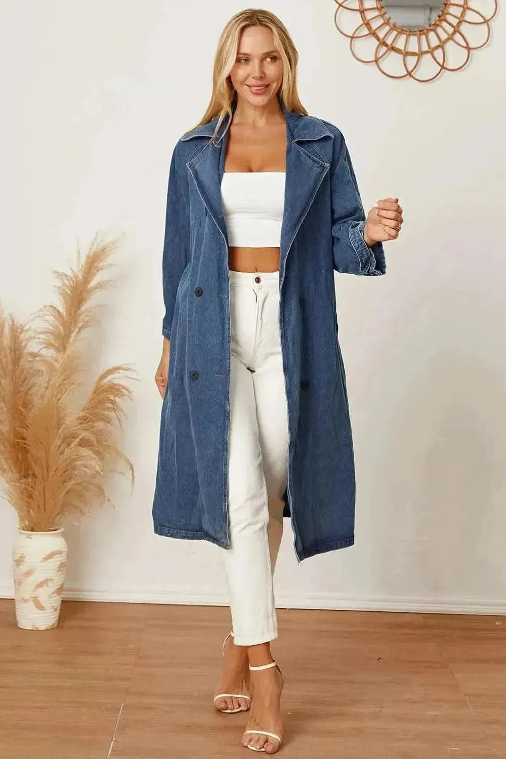 MeiMei Double-Breasted Belted Longline Denim Jacket - Bad Moms Club