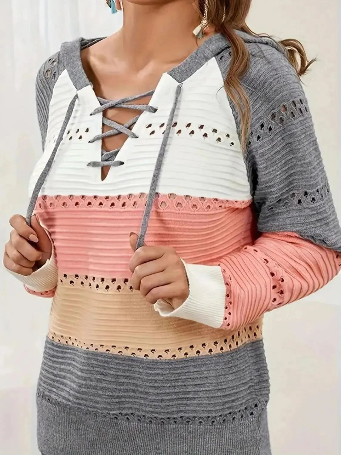Lace-Up Contrast Long Sleeve Hooded Sweater - Bad Moms Club