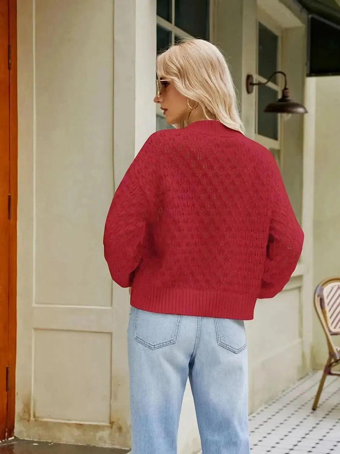 Openwork Round Neck Sweater - Bad Moms Club