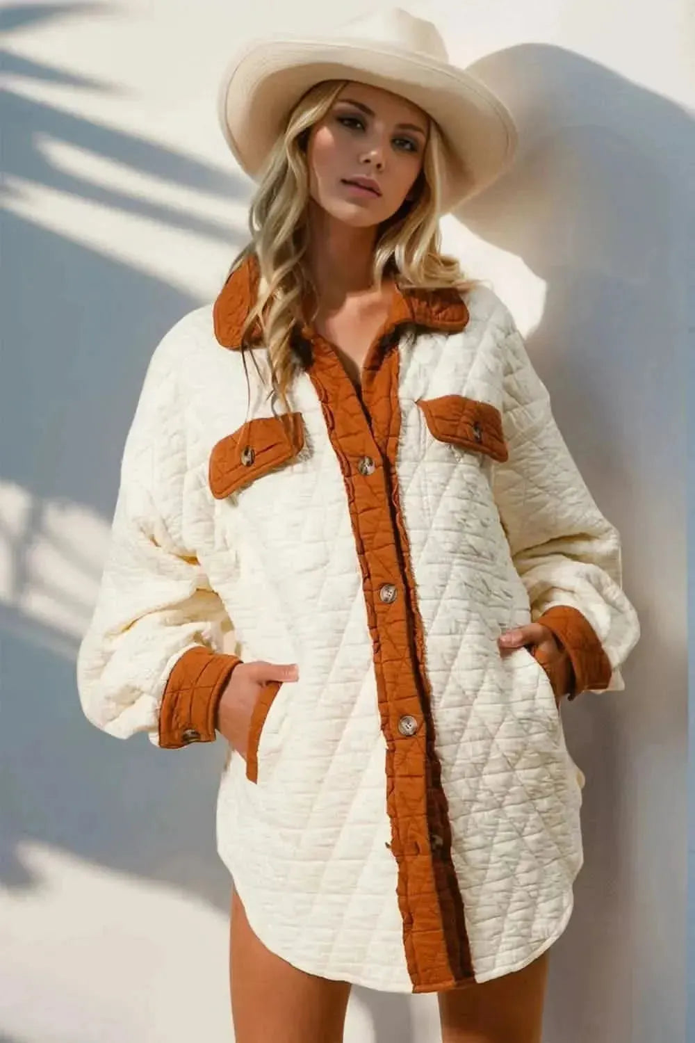 Double Take Full Size Contrast Button Up Quilted Shacket - Bad Moms Club