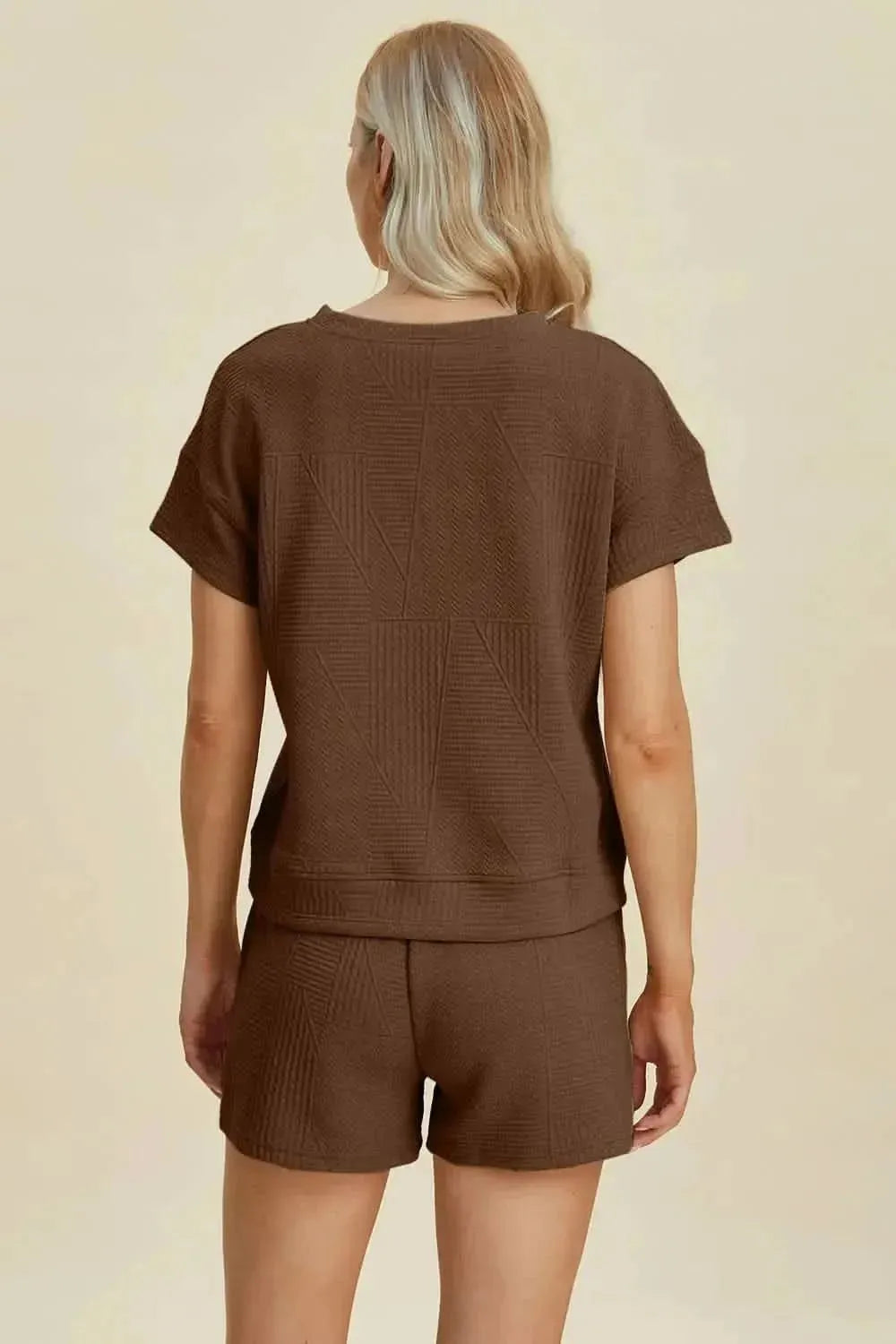 Double Take Full Size Texture Short Sleeve Top and Shorts Set - Bad Moms Club