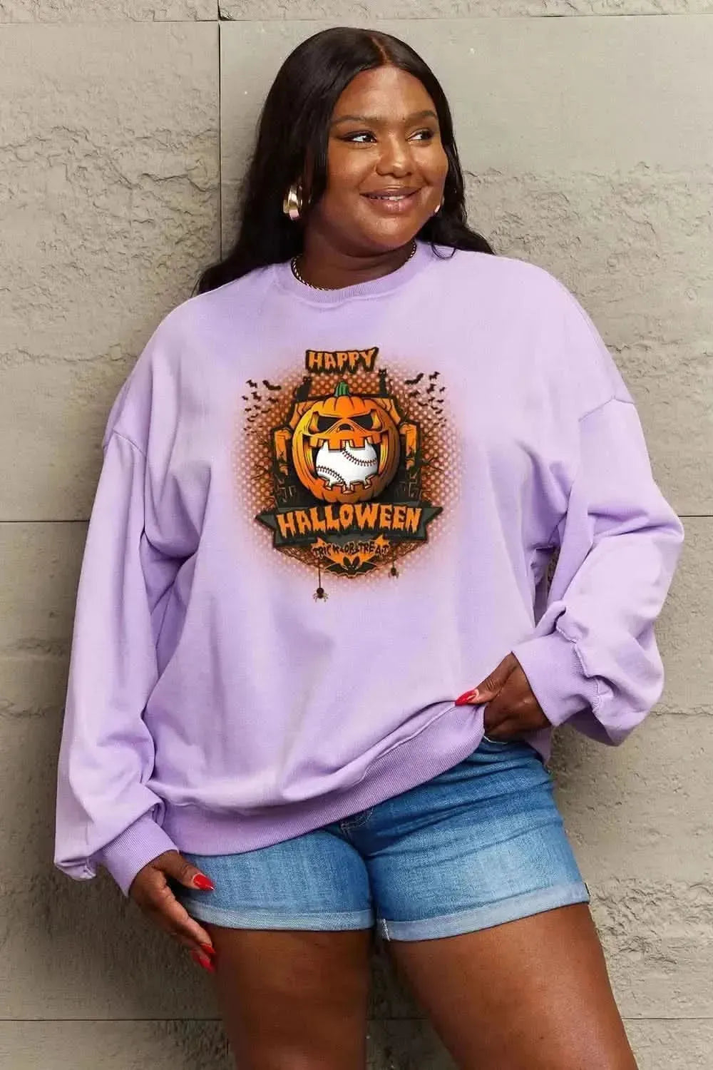Simply Love Full Size HAPPY HALLOWEEN Graphic Sweatshirt - Bad Moms Club