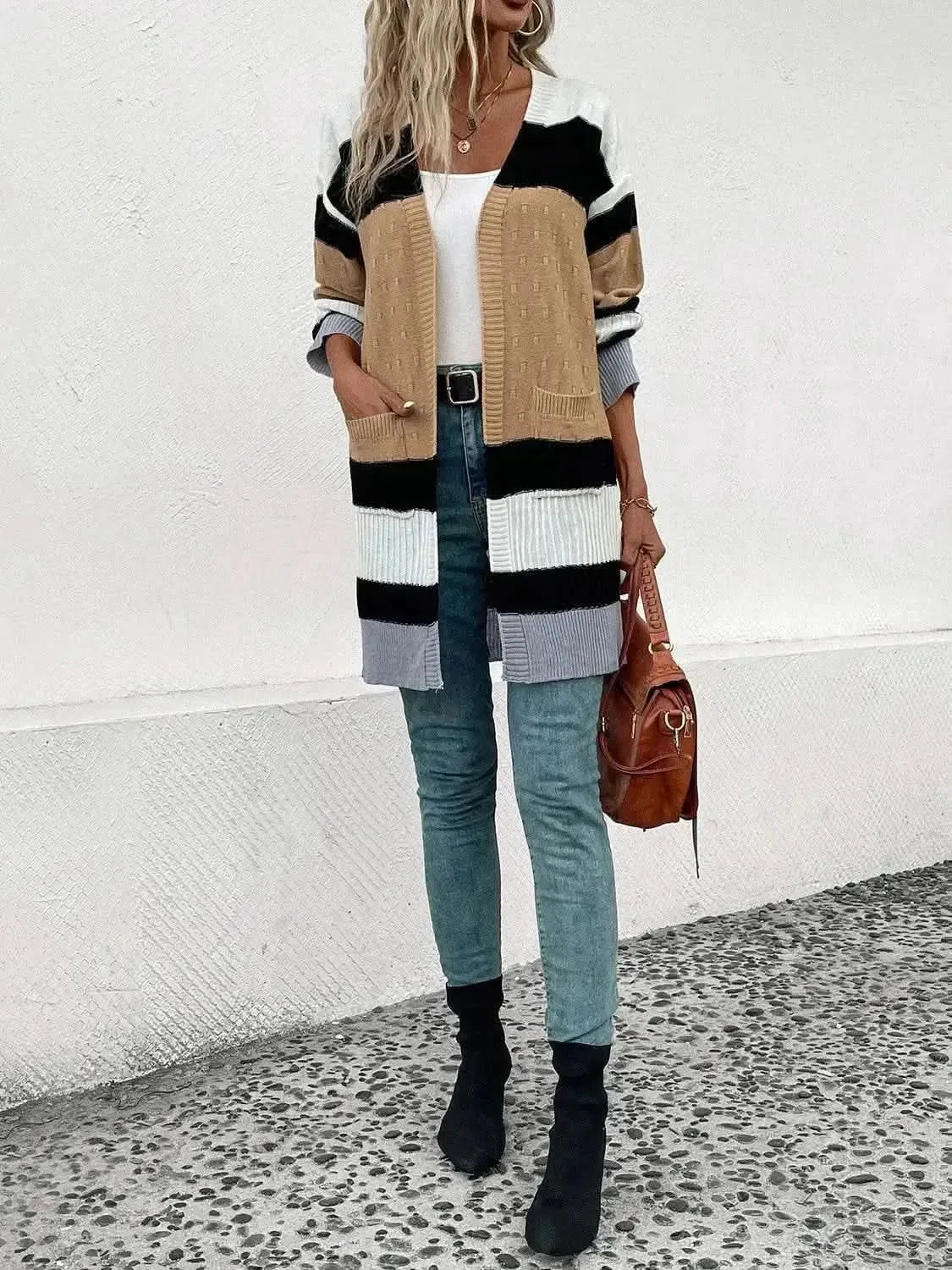 Color Block Open Front Drop Shoulder Cardigan - Bad Moms Club