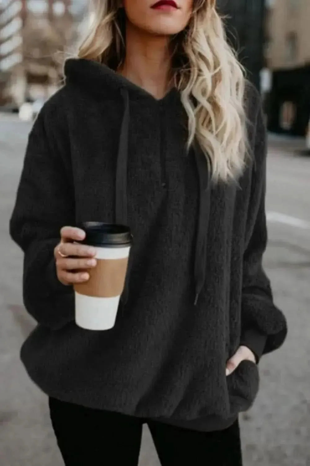 Full Size Quarter-Zip Drawstring Teddy Hoodie - Bad Moms Club