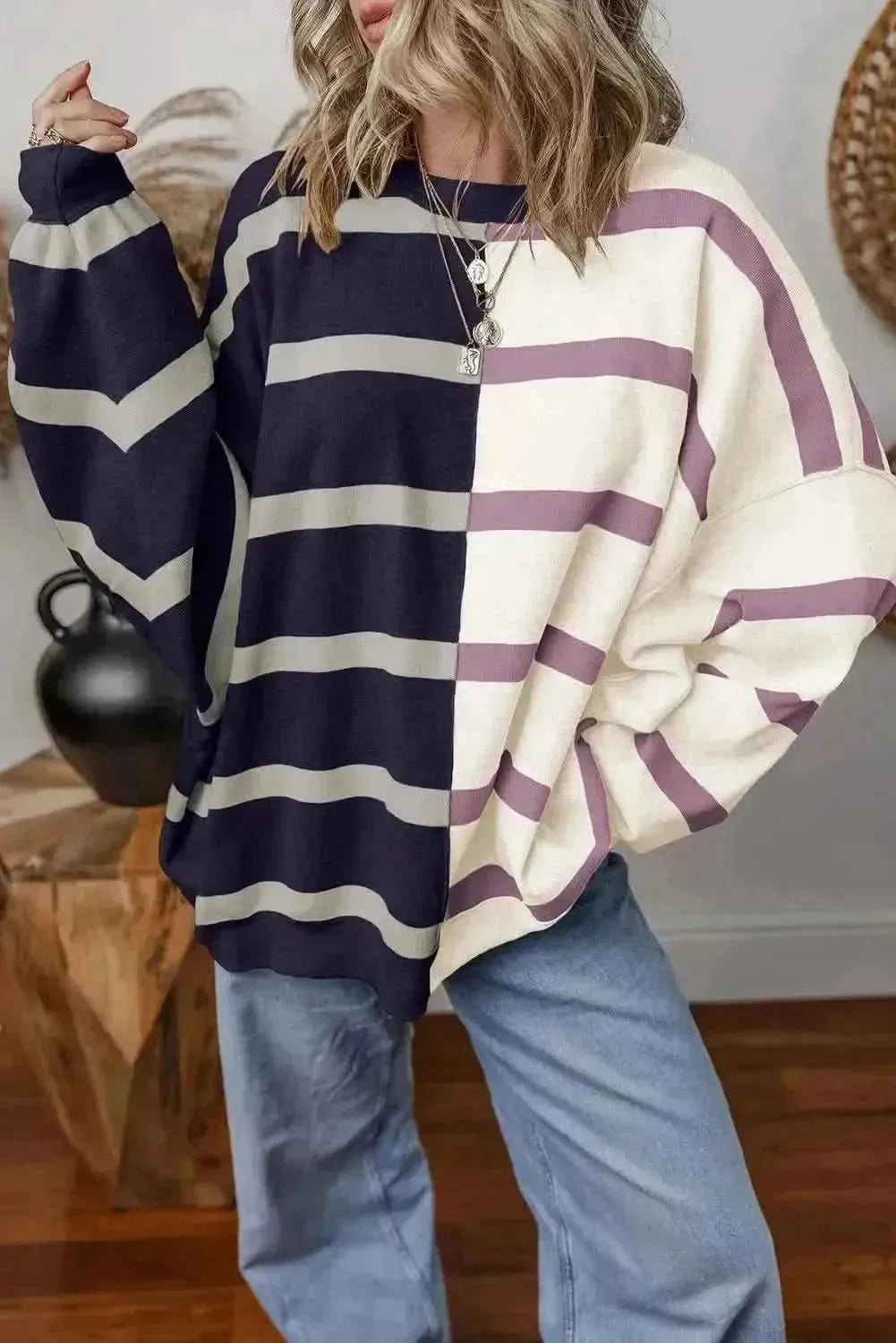 Striped Round Neck Long Sleeve Knit Top - Bad Moms Club
