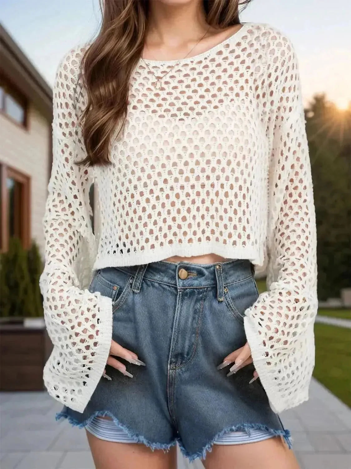 Openwork Round Neck Long Sleeve Cover Up - Bad Moms Club