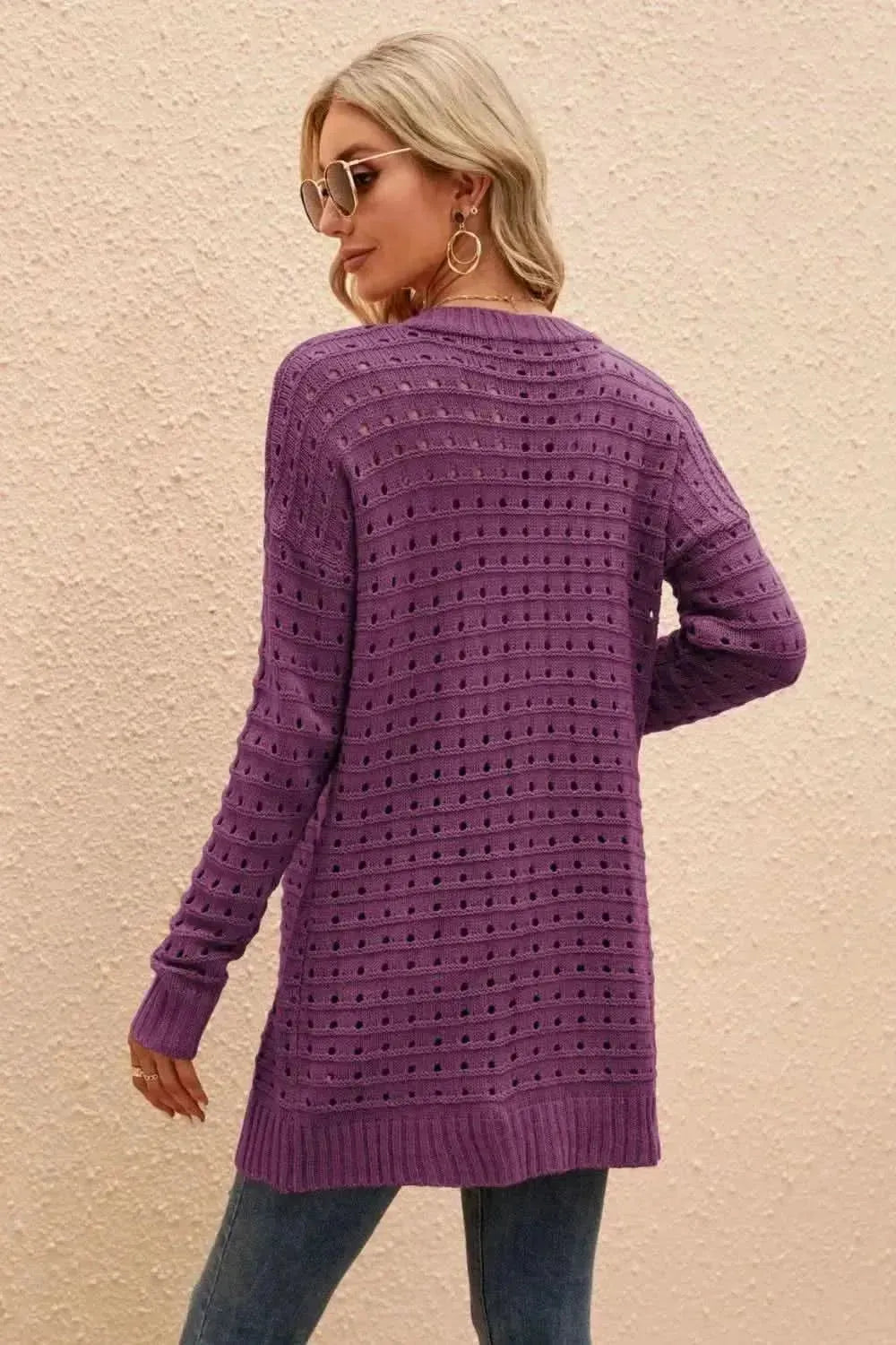 Openwork Horizontal Ribbing Open Front Cardigan - Bad Moms Club