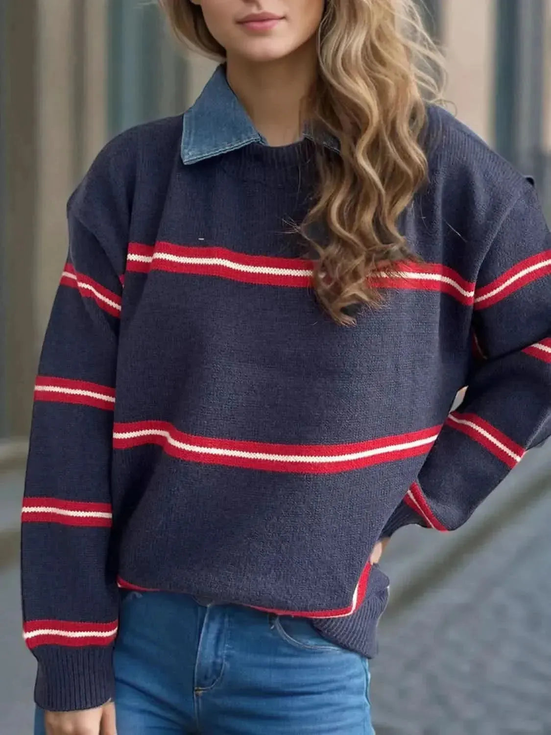 Contrast Stripes Round Neck Long Sleeve Sweater - Bad Moms Club