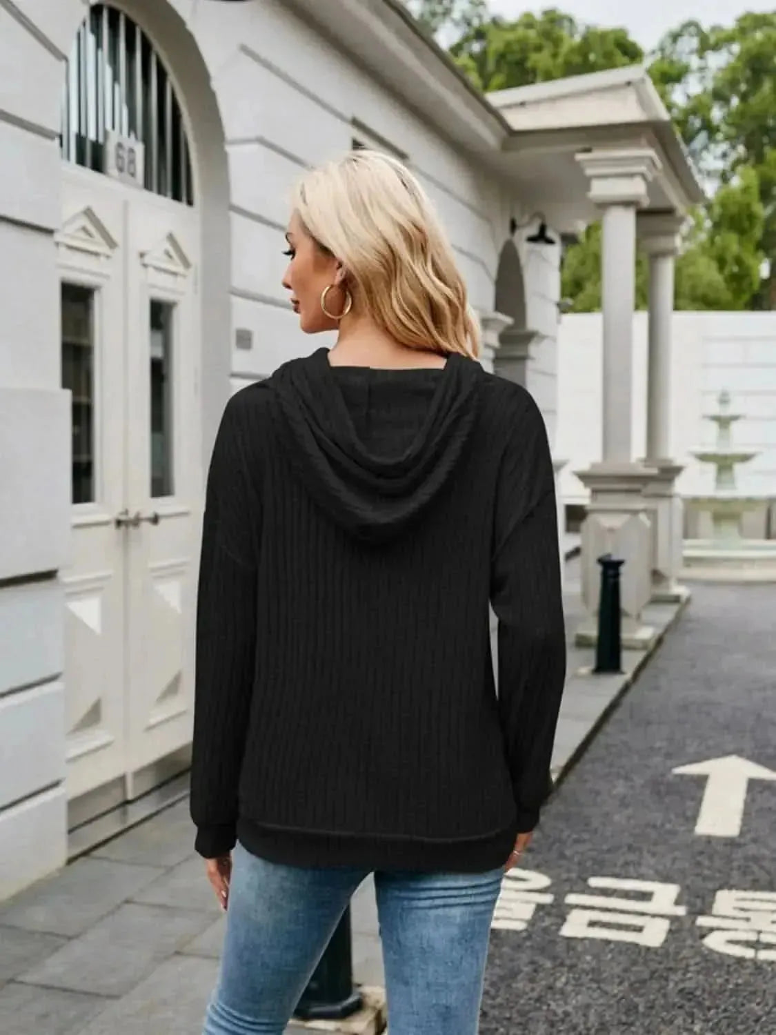 Ribbed Drawstring Long Sleeve Hoodie - Bad Moms Club